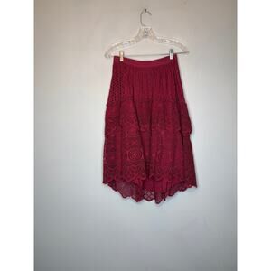 Baybala Michelle Tiered Skirt Cranberry Red Eyelet Lace Cotton Midi Boho Lined S